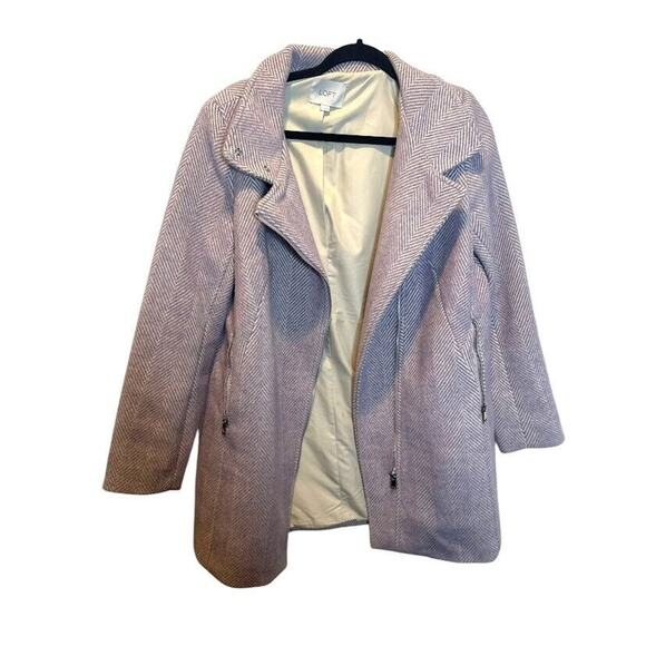 LOFT Lilac Wool Blend Pea Coat Jacket Herringbone Asymmetric Zip Pockets Small - Picture 2 of 11